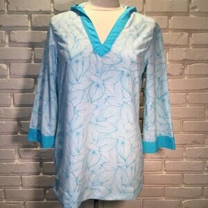 LL Bean Popover Hoodie Tunic Top Blue White Leaf Cover Up S